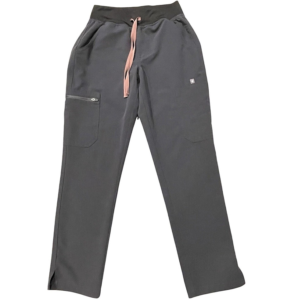 Figs Ankle Crop Scrub Pants in Charcoal with Pink Drawstring